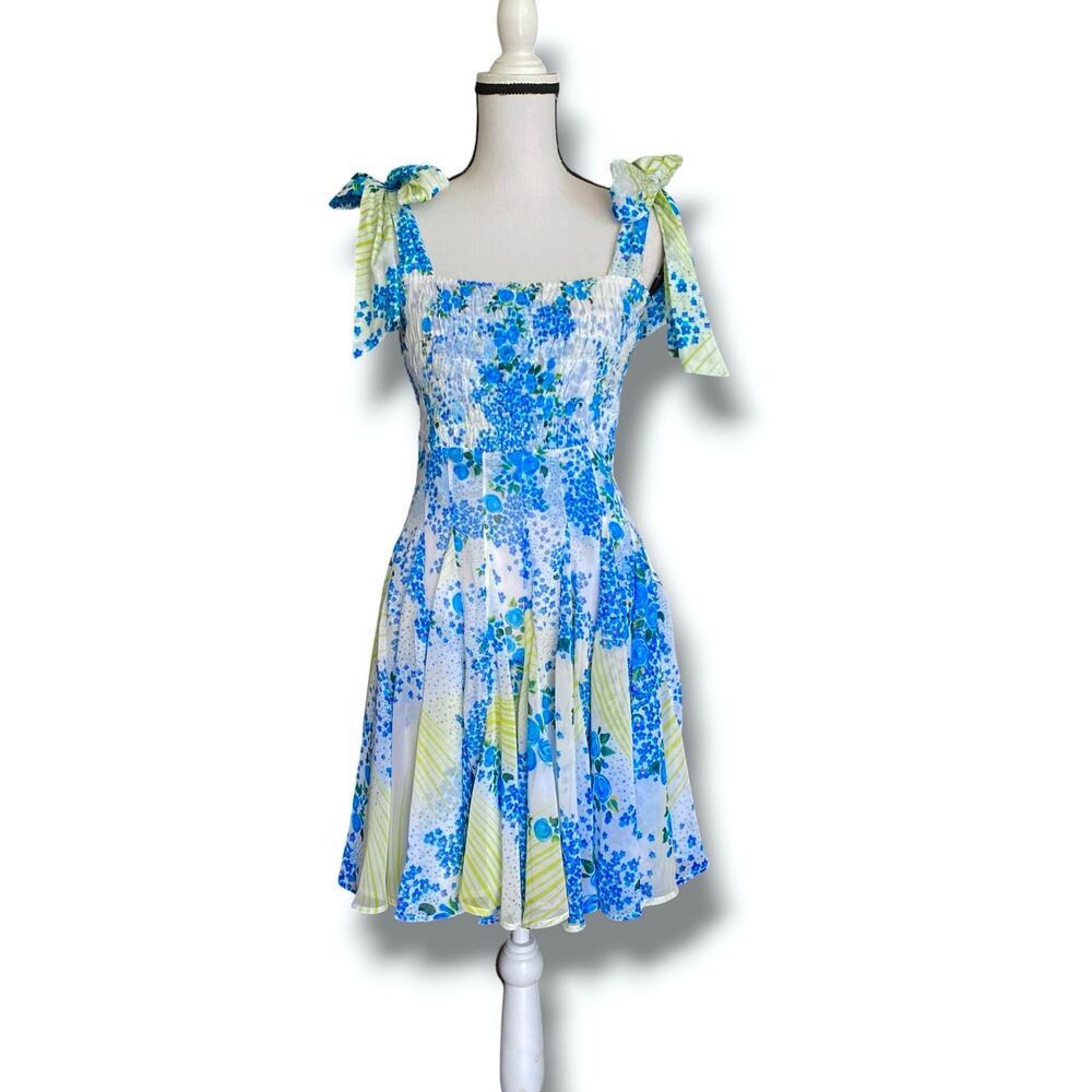 All Things Mochi Blue Darna Patchwork Floral Mini Dress Sz M Tie Strap Smocked